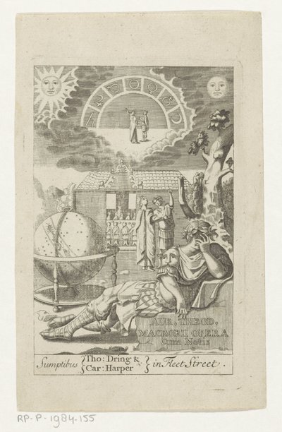 Ambrosius Theodosius Macrobius leunend op steen naast globe Ouro Theod. Macrobius Opera Cum Notis (título no objeto) Título da página: Ambrosius Theodosius Macrobius, Aur. Theodosius Macrobius V. Cl. & Obras Ilustres, 1694 de Anonymous