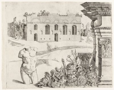 Capriccio de arquitetura com spolia, um torso masculino e uma vista das Termas de Diocleciano de Anonymous