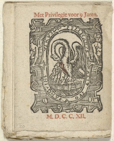 Página com a marca da editora, 1712
In welck Lidt de Maen is / waer u doot / bloet te laten ten zy grote noot; Als Peste / Pleures is / ende sulck quaet / oock niet sonder des Meestersraet (título sobre o objecto) de Anonymous