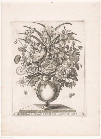 Flores em vaso com semi-figuras
FLORI(S) IMAGO FUGAX RAPIDI NOS ADMONET AEUI (título sobre o objecto) de Anonymous