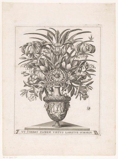 Flores em vaso com cabeças de leão
UT VERDAT FLOREM VIRTUS LARGITUR HONOREM (título sobre o objecto) de Anonymous