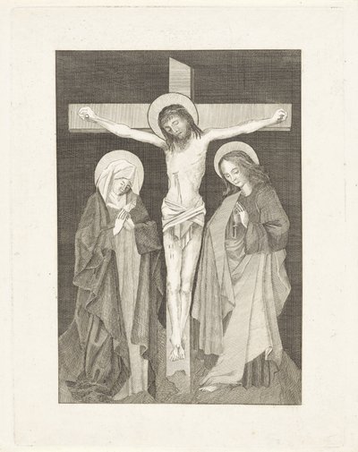 Cristo na cruz, de ambos os lados Maria e João de Anonymous