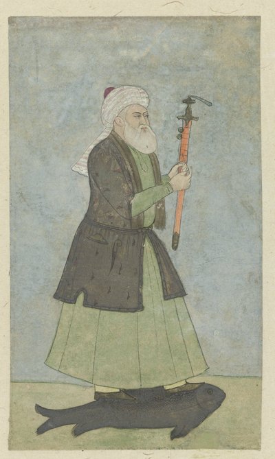 O Santo Khwaja Khadir com uma espada na mão. de pé em um peixe de Anonymous