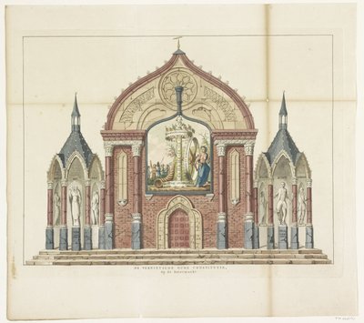 A Destruição da Antiga Constituição, decoração do Mercado da Manteiga, 1795 A Velha Constituição Destruída, No Mercado da Manteiga Quinze decorações no Alliantiefeest em Amsterdã em 1795 (título da série) de Anonymous