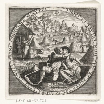 O mês de Junho, fazendo feno, c. 1600
Os doze meses do ano retratados em cenas da vida popular (título da série)
Schemata XII Mensium sius operationibus, & ad signa zodiaci applicatione, in quatuor anni partes divisa (título da série sobre o objecto) de Anonymous