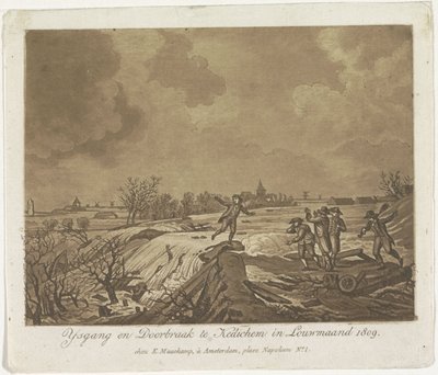 Rompimento do dique em Kedichem, 1809 Ysgang e Doorbraak te Kedichem em Louwmaand 1809 (título no objeto) de Anonymous