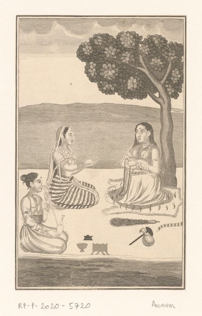 Três mulheres indianas sentadas junto a uma árvore de Anonymous
