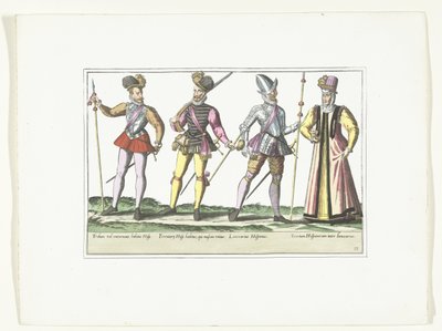 Três soldados espanhóis de uniforme e um comerciante, c. 1580 Trajes militares Espagnols (título no objeto) de Anonymous
