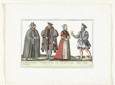 Três homens e uma mulher vestidos à moda alemã, c. 1580 Costumes Allemands (título no objeto) de Anonymous