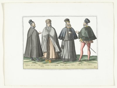 Três homens e uma mulher vestidos de acordo com a moda estrangeira, c. 1580
Modes étrangères (título sobre o objecto) de Anonymous