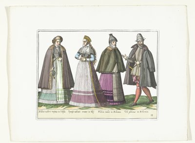 Três mulheres e um homem vestido de acordo com a moda alemã, c. 1580
Fantasias Allemands (título sobre o objecto) de Anonymous
