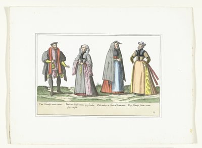 Três mulheres e um homem vestido de acordo com a moda alemã, c. 1580
Fantasias Allemands (título sobre o objecto) de Anonymous