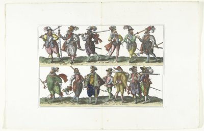 Placa dupla com treze civis armados em uniforme de acordo com a moda em Antuérpia, cerca de 1580 Bourgeois d