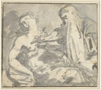 Um homem remove uma flecha do peito de uma mulher (Cephalus e Procris?) de Anonymous