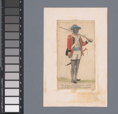 Um soldado negro ao serviço da Companhia Britânica das Índias Orientais
Ein Seapoy, oder Ostindischer Soldat im Dienst der Englischen Compagnie (título sobre o objecto) de Anonymous