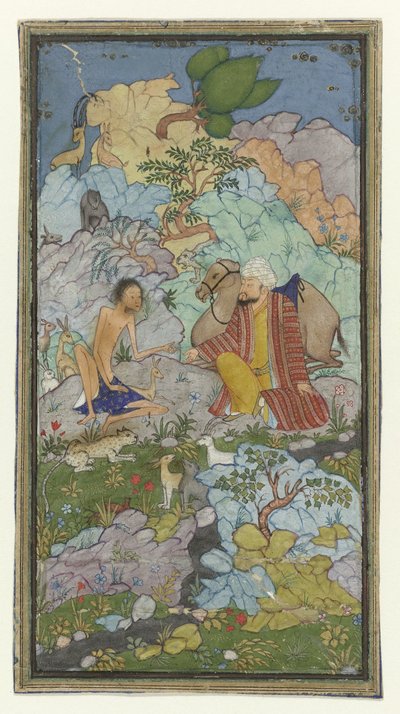Episódio da história de amor de Laila e Majnun, o emaciado Majnun senta-se numa paisagem com um homem e o seu camelo de Anonymous