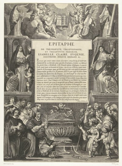 Epitaaf para Isabella Clara Eugenia, 1633 Epitáfio da Altíssimo, Poderoso e Augusto Princesa, Isabel, Claire, Eugenie, da Áustria, Infanta da Espanha, etc. (título no objeto) de Anonymous