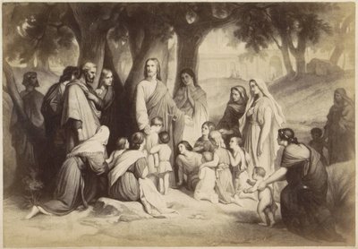 Reprodução fotográfica de (presumivelmente) uma gravura de Jesus com crianças (Deixe as crianças virem a mim) de Anonymous