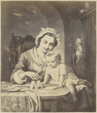 Reprodução fotográfica de (presumivelmente) uma gravura de uma mãe construindo um castelo de cartas com seu filho de Anonymous