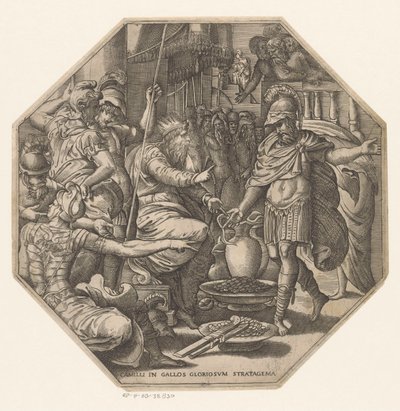 Furius Camillus perante um rei
Camilli in Gallos gloriosum stratagema (título sobre o objecto) de Anonymous
