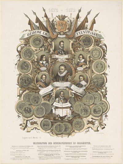 Placa comemorativa e festiva com retratos de William I, Príncipe de Orange, seus filhos Maurits e Frederik Hendrik, Príncipes de Orange, seus irmãos Lodewijk, Adolf e Hendrik, Condes de Nassau e Willem Bloys van Treslong de Anonymous