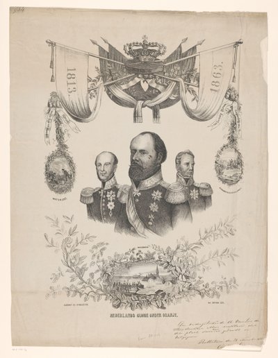 Placa comemorativa do 50º aniversário da independência holandesa com retratos dos Reis Guilherme I, II e III
Glória holandesa sob laranja (título sobre o objecto) de Anonymous
