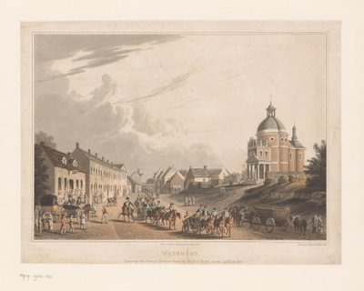 Vista de Waterloo, onde as tropas francesas movem um canhão waterloo. Transportando o canhão francês do campo de batalha, em 24 de julho de 1815 (título no objeto) de Anonymous