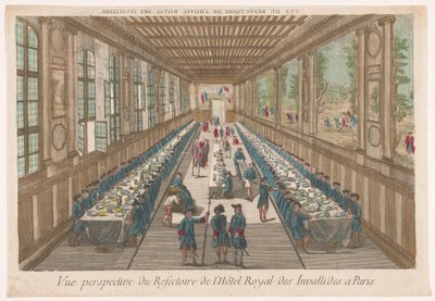 Vista da sala de jantar do Hôtel des Invalides em Paris com um grupo almoçando Vue perspective du refectoire de l