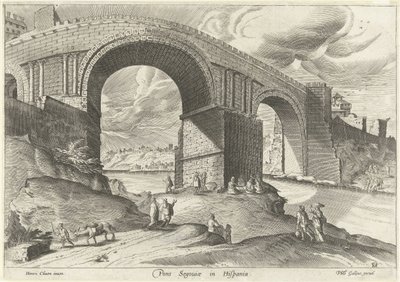 Vista de uma ponte da cidade de Segóvia
Pons Segouiae na Hispânia (título sobre o objecto)
Ruinarum varii prospectus (título da série) de Anonymous