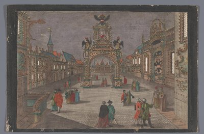 Vista de um arco triunfal com uma águia de cabeça dupla e um busto de retrato de José II, imperador alemão, em Frankfurt am Main de Anonymous