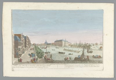 Gezicht op het Admiraliteitsmagazijn te Amsterdam Uma vista do Almirantado em Amsterdã, dos armazéns, cais e docas, pertencentes a ele e à Companhia das Índias Orientais da Holanda (título no objeto) de Anonymous