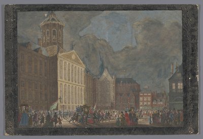 Vista da Câmara Municipal em Amesterdão com a chegada de William V e Wilhelmina da Prússia à Praça da Barragem em 31 de Maio de 1768 de Anonymous