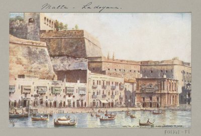 Vista da costa de Malta com molhe e edifício alfandegário
Malta. Casa personalizada e local de desembarque (título sobre o objecto) de Anonymous