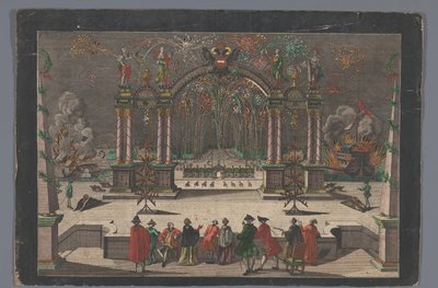 Vista de fogo de artifício e arco triunfal com uma águia de cabeça dupla e o nome de José II, imperador alemão de Anonymous