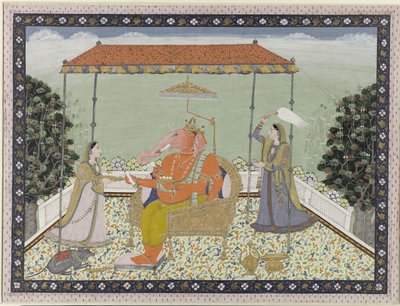 Deus Ganesha (Ganapati) com tromba de elefante com suas duas servas Siddhi e Buddhi sentados sob uma varanda de Anonymous
