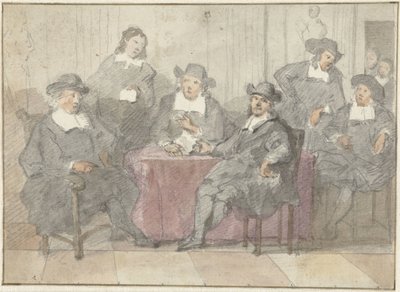Retrato de grupo de seis cavalheiros sentados e em pé ao redor de uma mesa de Anonymous