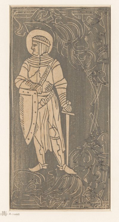 Santo em trajes de guerreiro Xilogravuras de estilo medieval (título da série) de Anonymous