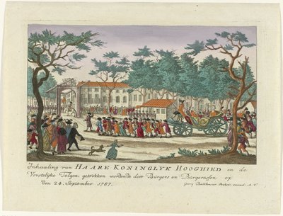 Ultrapassagem da Princesa de Orange e as Crianças, 1787 Ultrapassagem de Haare Koninglyk Hooghied e os Royal Scions, desenhados por Burgers e Burgeressen em 24 de setembro de 1787 (título no objeto) Estampas alemãs coloridas sobre o evento de Anonymous