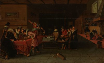 Interior de uma taberna ou bordel com pessoas bebendo e jogando Trictrac de Anonymous