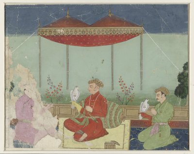 Jahangir sentado sob um dossel em um terraço de Anonymous