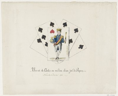 Koning Leopold I als de hartenkoning, 1831-1832 Um Rei de Cartas no meio de um baralho de Espadas (título no objeto) de Anonymous