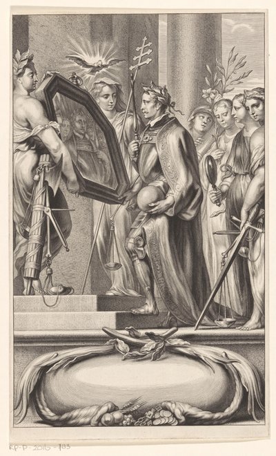 Rei é segurado em um espelho por Justiça e Fé Página de título para: Petrus Belluga e Camillo Borello, Speculum principum, 1655 de Anonymous