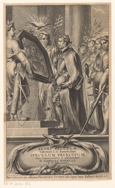 Rei é segurado em um espelho por Justiça e Fé Página de título para: Petrus Belluga e Camillo Borello, Speculum principum, 1655 de Anonymous
