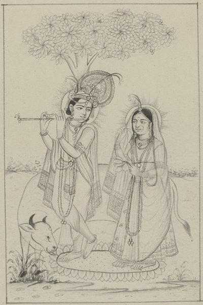 Krishna tocando flauta e Radha de Anonymous