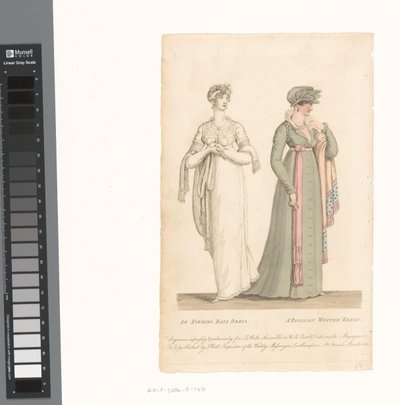 La Belle Assemblée, 1 de Março de 1807, No. 14: Um vestido de noite / Um vestido de inverno parisiense de Anonymous