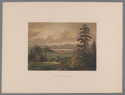 Paisagem com Baía de Shimabara e Unzen Vulcão ao fundo Le golfe de Simabara et le volcan Undjing (título no objeto) Souvenir du Japon vues d