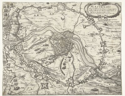Maastricht ocupada por Frederik Hendrik, 1632 Maestricht sitiada por Friderich Henrich Printzen von Orangien (...) em 9 de junho de 1632. Tirada com Accort em 12 de agosto de 1632 (título no objeto) de Anonymous