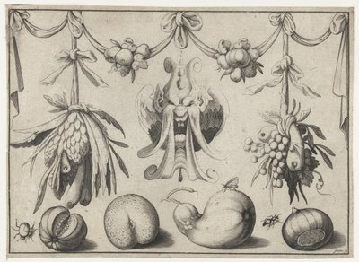Máscara sob uma guirlanda Guirlandas de frutas e máscaras cercadas por uma linha de enquadramento (título da série) de Anonymous
