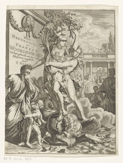 Minerva atropela monstro marinho cuspidor de fogo Novo dicionário de baixo alemão e francês (título no objeto) Página de rosto para: François Halma, Dicionário de Línguas Holandesas e Francesas, 1710 de Anonymous