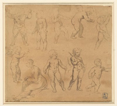 Nove estudos de putti e uma mulher sentada à esquerda de Anonymous